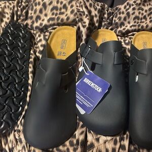 Birkenstock Black Boston Clogs with Tan Footbed